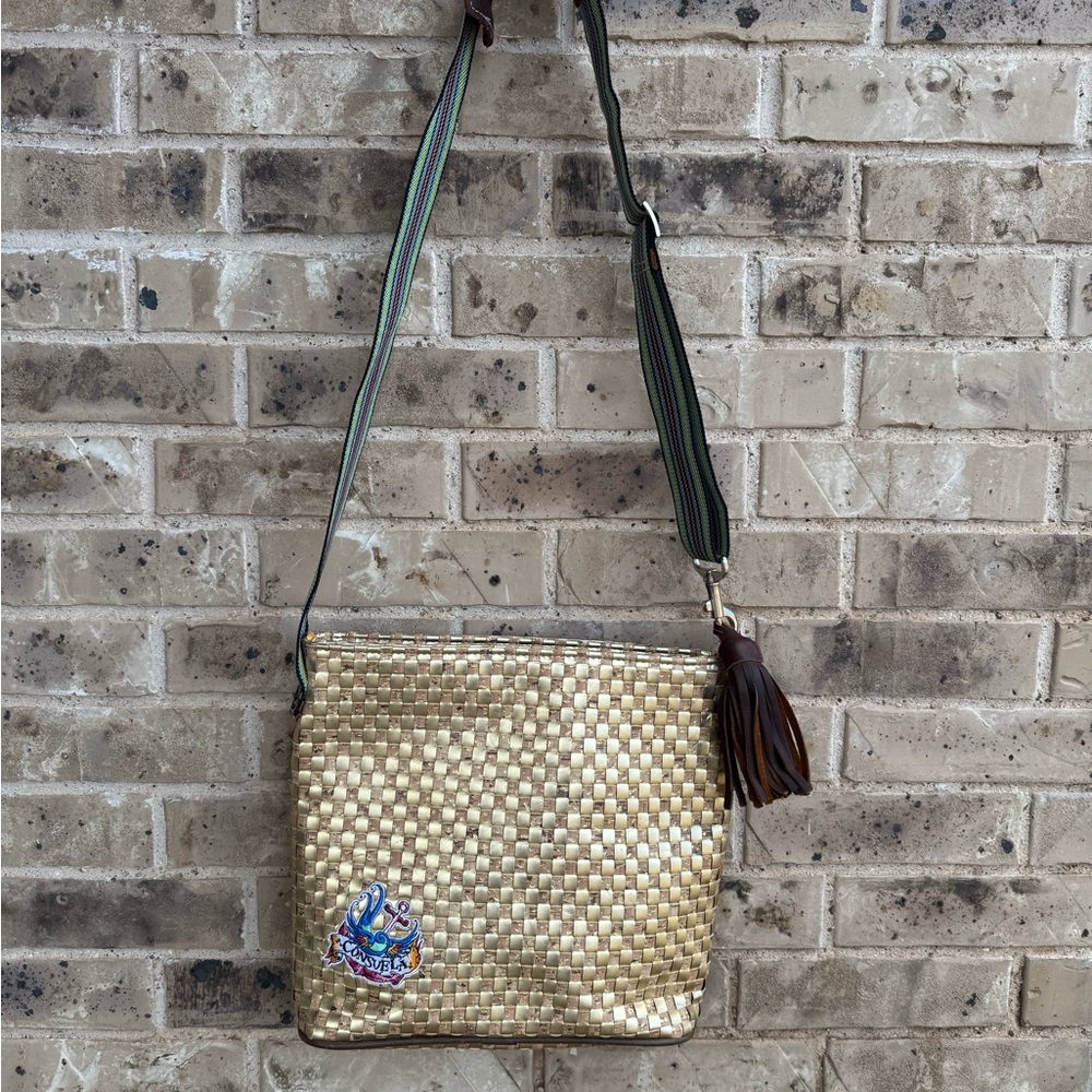 Consuela Midtown Crossbody bag Gold Woven Shoulder Bag with Brown Tassel - Picture 10 of 12